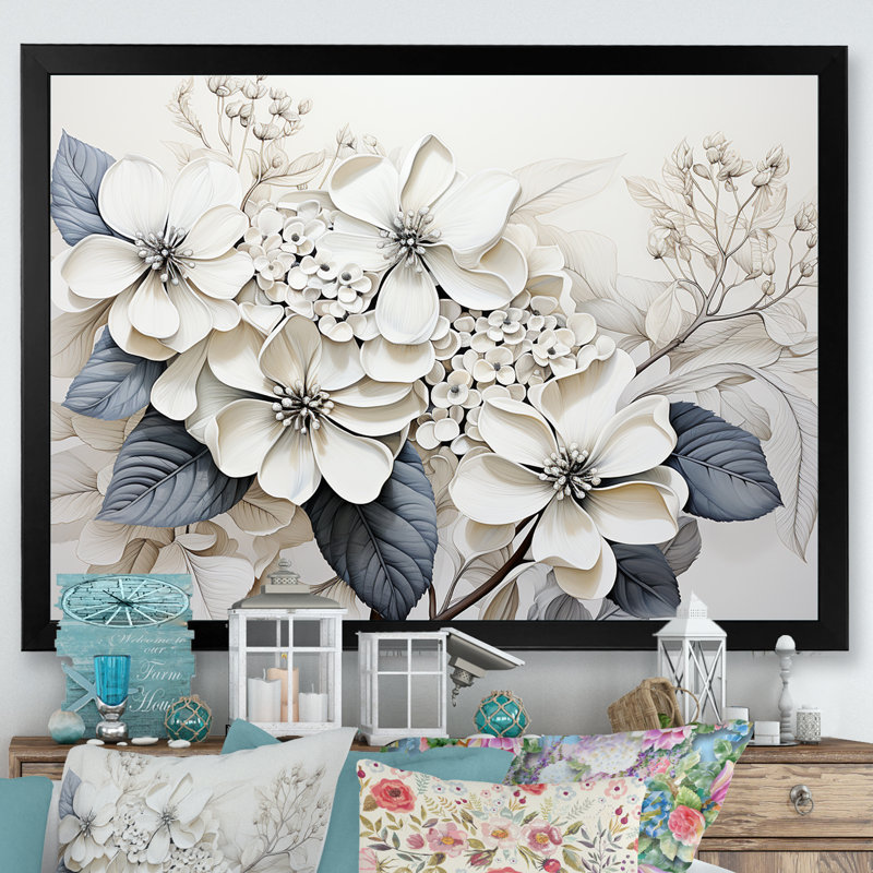«Grey Minimalisme Hydrangea Delight I», reproduction sur toile, Cadre simple noir, H 12 po x l 20 po x P 1 po