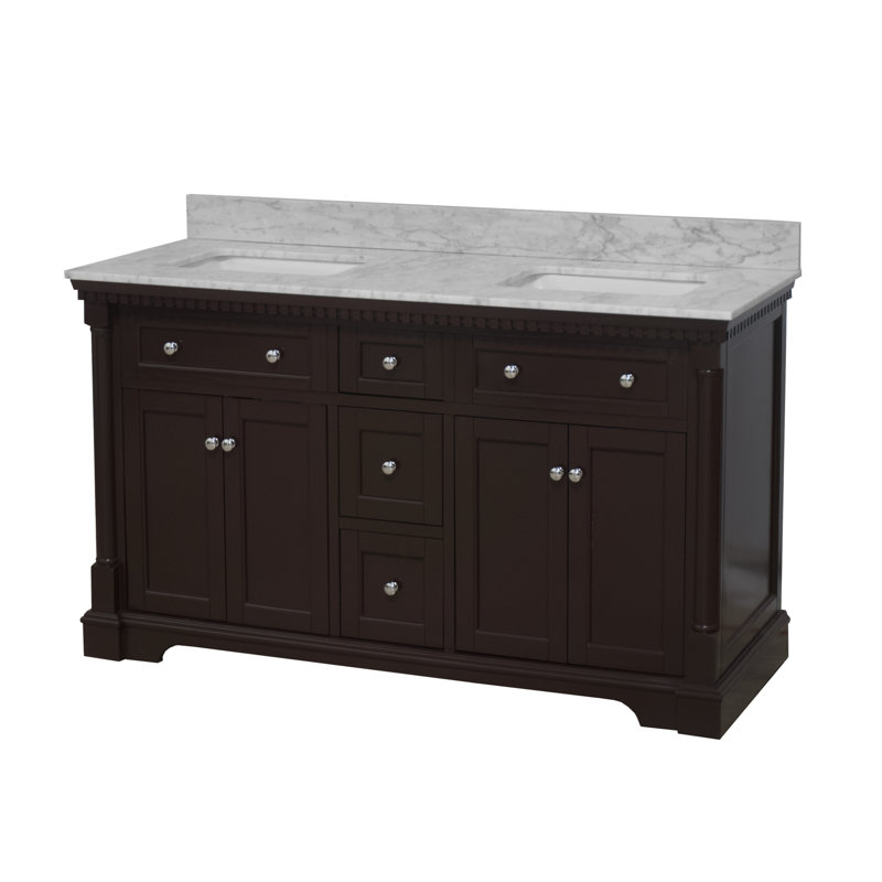 Ensemble de meuble-lavabo double 60 po avec armoire en chocolat et comptoir en marbre de Carrare, Chocolat, Marbre de Carrare