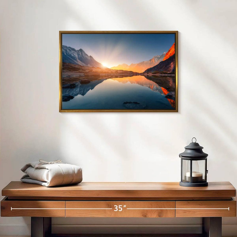 Coucher de soleil himalayen, 19 po x 13 po, Cadre flottant doré
