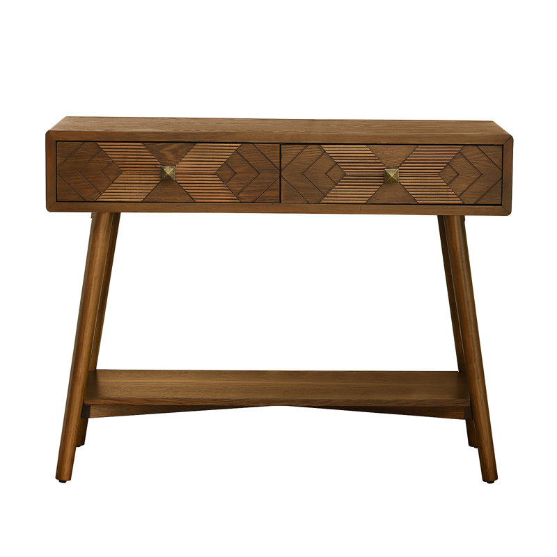 Asante 39" Tall Walnut Console Table With Geometric Fluted 2-Drawers And Open Storage Shelf