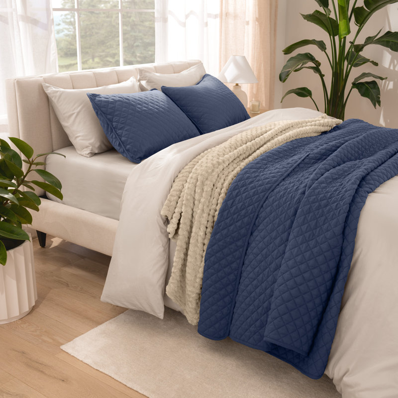 Modern & Contemporary Coverlet, King Coverlet + 2 King Shams, Dark Blue