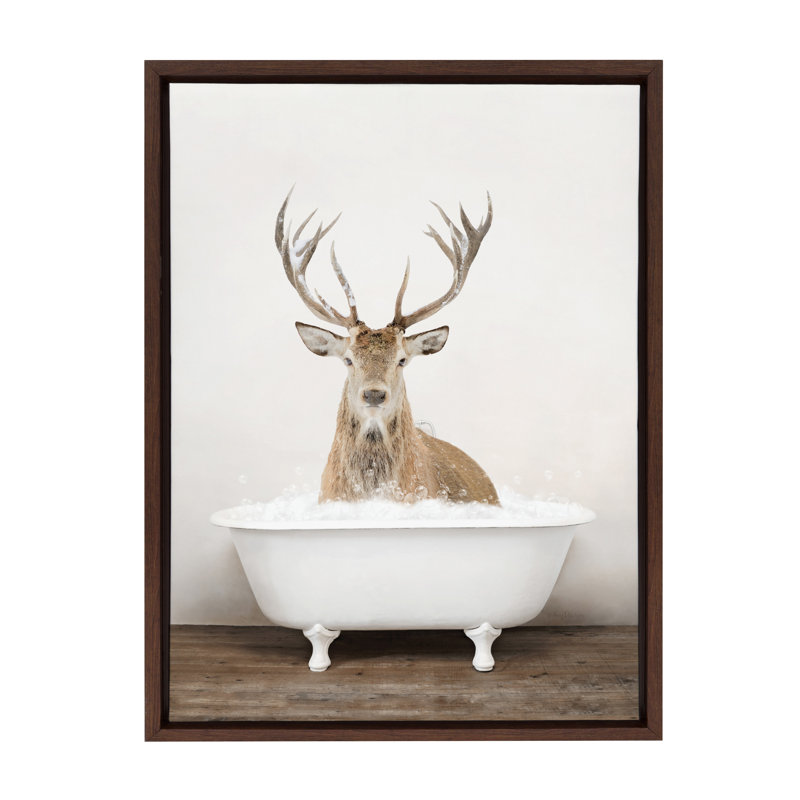 Reproduction d'art sur toile encadrée mâle "Deer in Rustic Bath" par Amy Peterson, Encadrement brun