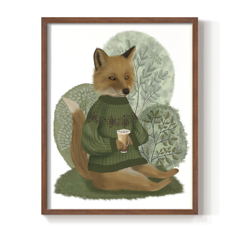 Latte Fox dans un chandail, reproduction encadrée - bois massif, Brun, H 14 po x l 11 po