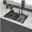 Gunmetal Black Drop in Waterfall Kitchen Sink - 33*22 inch Single Bowl 16 Gauge Stainless Steel Ledge Workstation Kitchen Sinks with Pull-Out Faucet & Cup Washer, Unique Waterfall Design