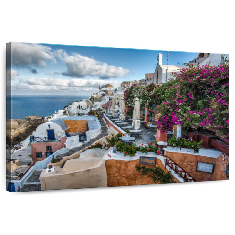 Hannes Bougainvillea et cafés à Oia Santorini, H 32 po x l 48 po