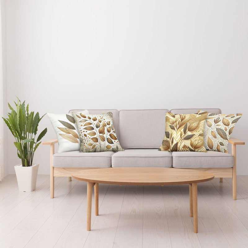 Ginger Brown and Cream Leaf Print Polyester Pillow Covers, 20" x 20", Set of 4