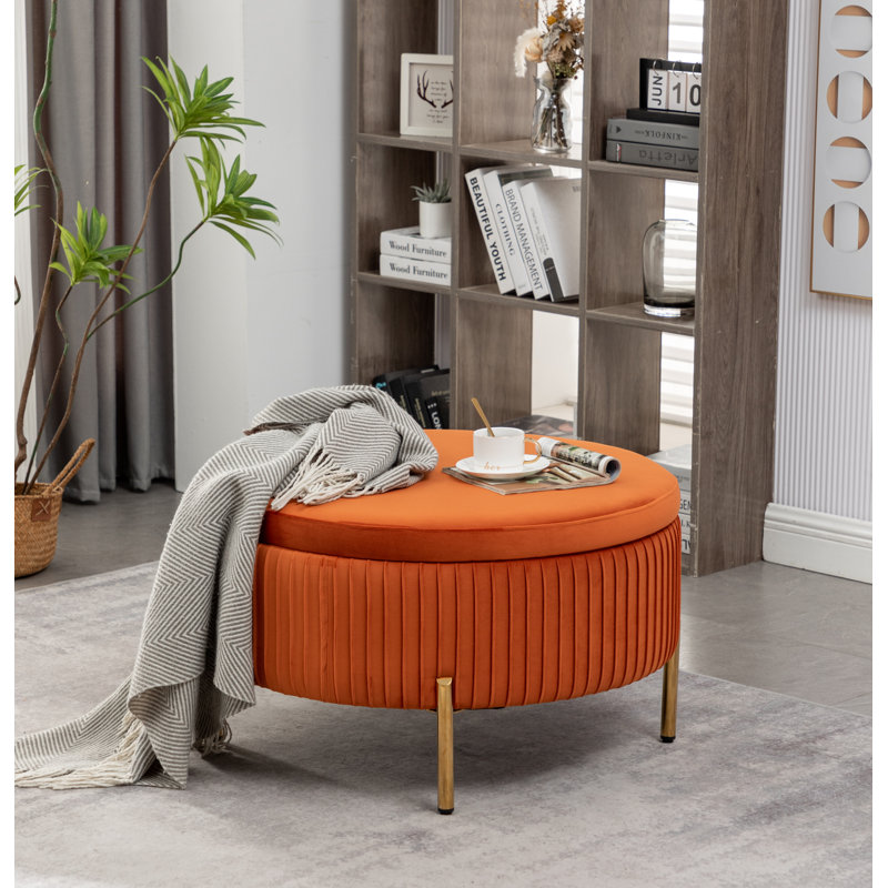 Mariantonietta Upholstered Round Storage Ottoman, Orange Velvet