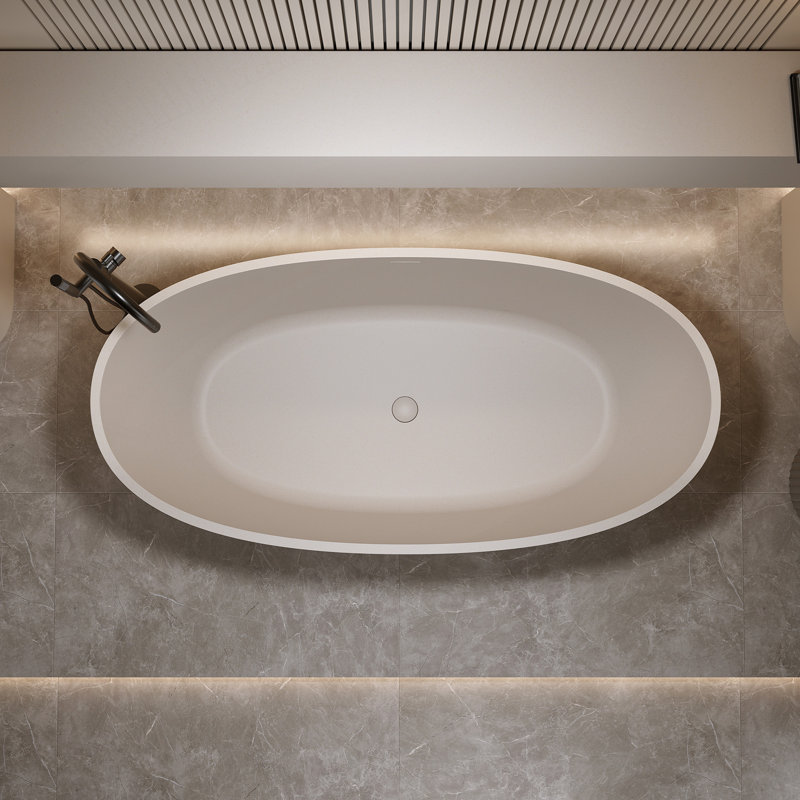 Baignoire de trempage autoportante en résine de 67 po à surface solide avec trop-plein et bonde escamotable 67 po, Beige