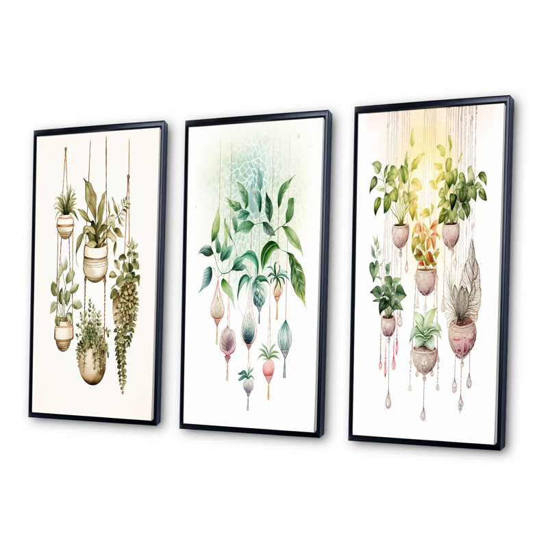 «Hanging Decorative Botanical Boho Plants VI», 3 pièces sur toile, Cadre flottant noir, H 40 po x l 60 po
