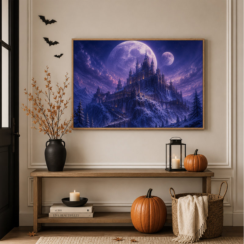 Château gothique sur une montagne enneigée sous une toile géante d'Halloween, H 24 po x l 36 po