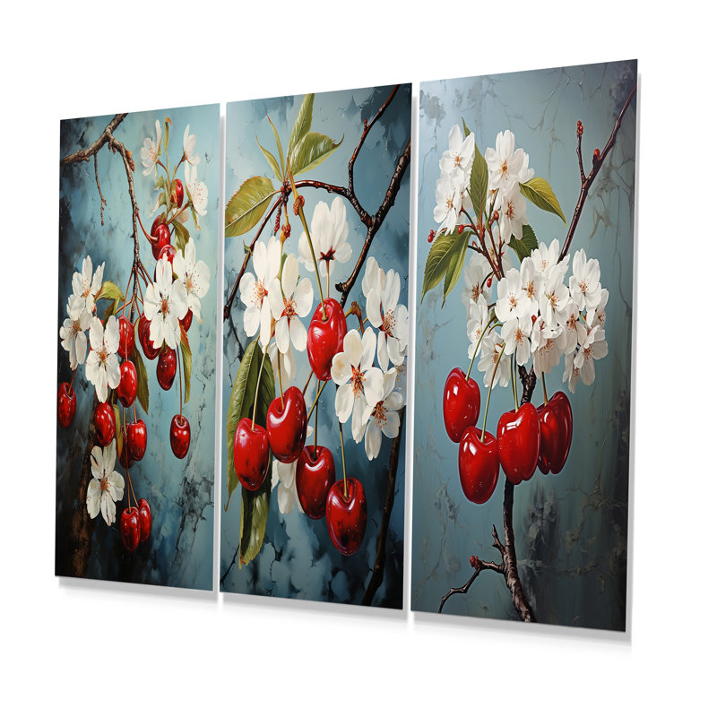 «Chuckling Cherry Charm» - ensemble de 3 reproductions d'art abstrait en métal Popart, H 28 po x l 36 po