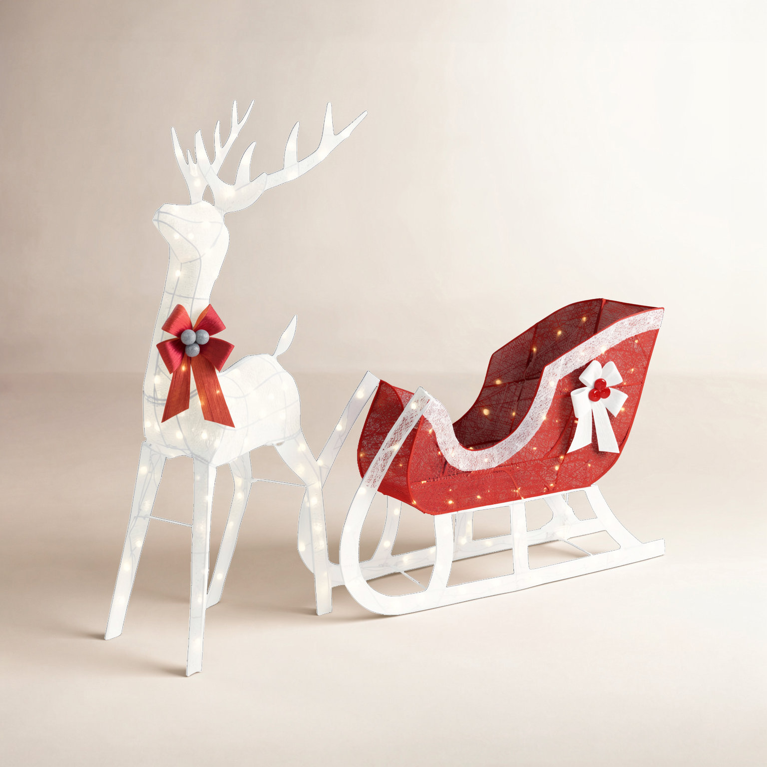 Lighted Reindeer Sleigh Yard Display, White, 48"H x 62"W x 10"D