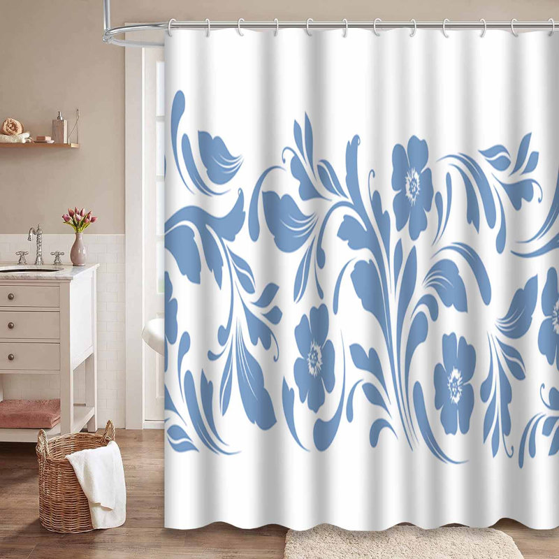 Rideau de douche décoratif floral à bordure transparente bleue avec 12 crochets, L 72 po x l 78 po