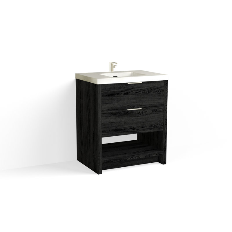 Vue 30" W Freestanding Single Bathroom Vanity, Ashlin, Glossy White/8" Widespread, Matte Black