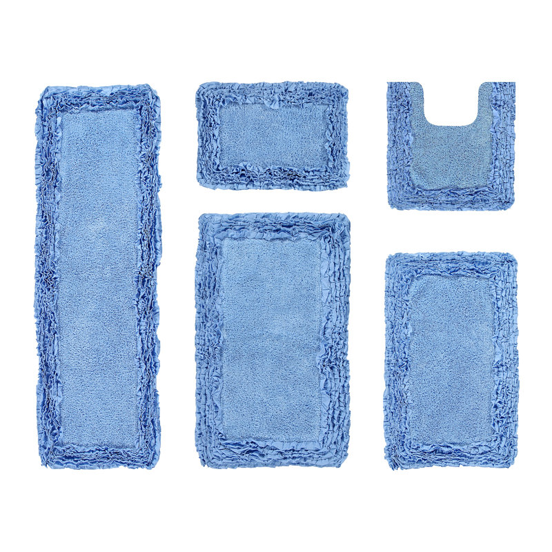 Ensemble de tapis de bain 5 pièces 100% coton 1775 g / m² Courson Premium, certifié OEKO-TEX®, envers en latex antidérapant, motif de volants touffetés moelleux, super absorbant, tapis de salle de bain lavables à la machine, bleu