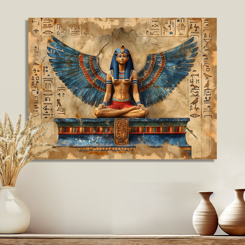 Bleu et beige déesse égyptienne I - Égypte, art mural, Toile avec cadre flottant brun, H 24 po x l 32 po x P 1 po
