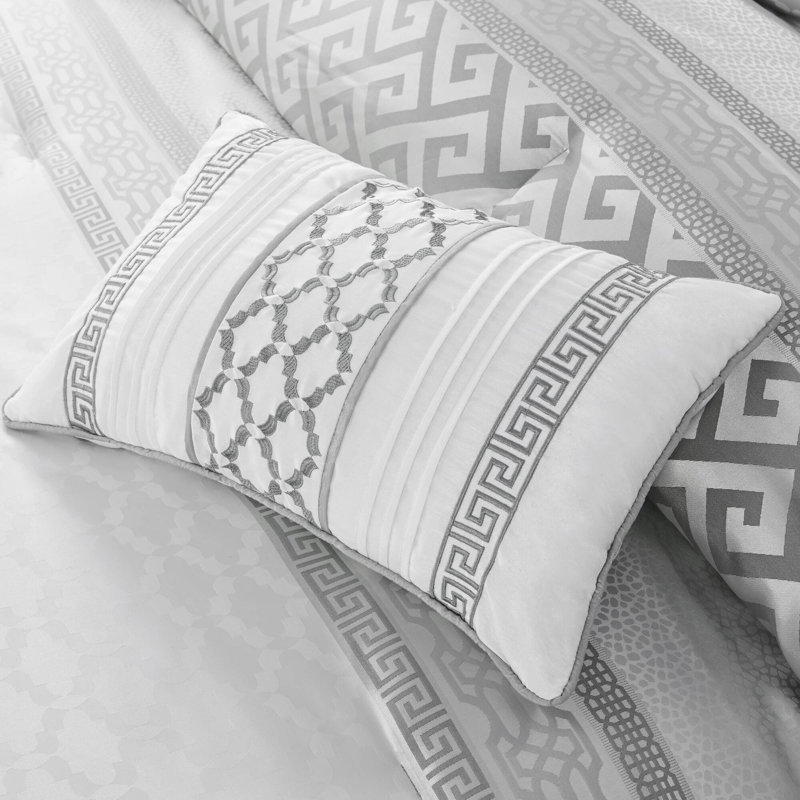 Bennett 7 Piece Jacquard Comforter Set, Cal. King Comforter + 1 Bed Skirt + 2 Shams + 3 De, Gray