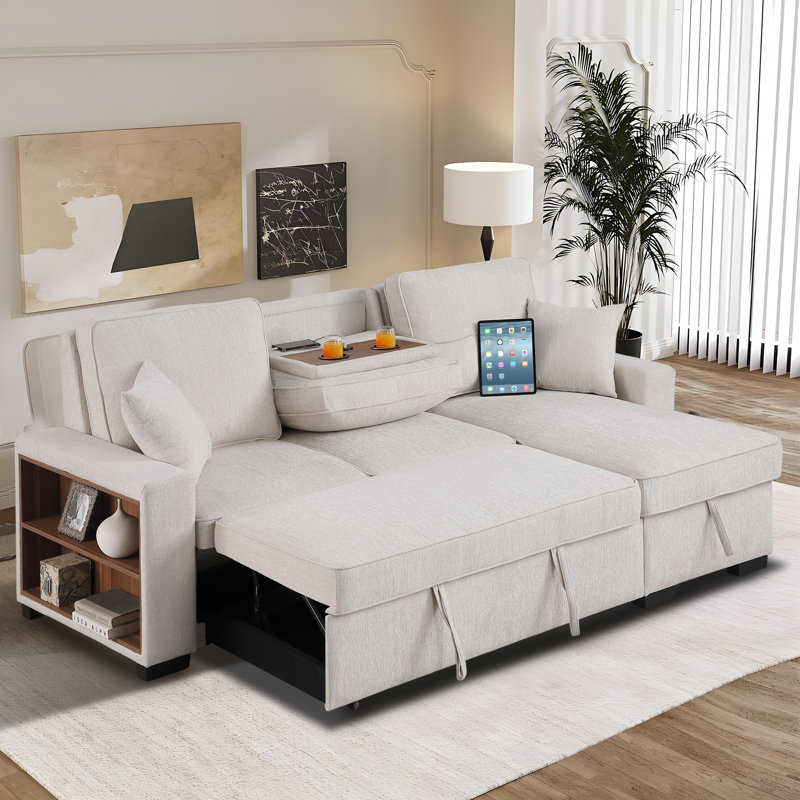 91" Multi-Functional Chenille Corner Sectional - With Side Bookcase And USB Charging Port, Beige