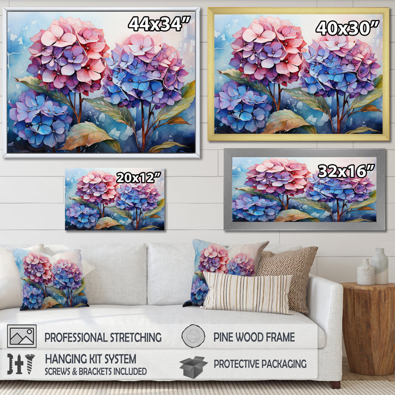 Rose, bleu, hortensia, mosaïque, prés, Cadre flottant noir, H 12 po x l 20 po x P 1 po