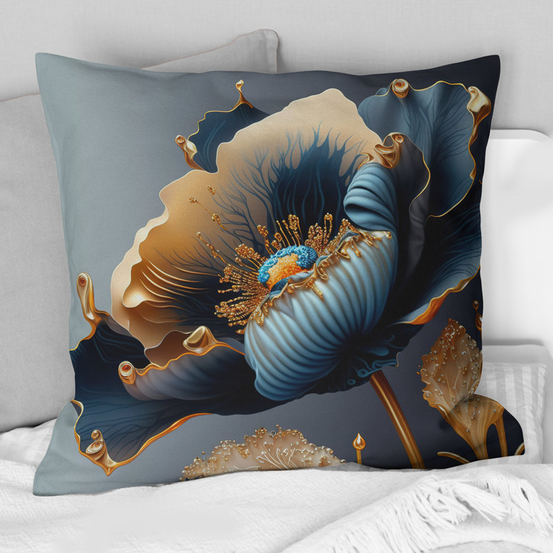 Coussin décoratif imprimé fleuri bleu foncé et doré III, H 16 po x l 16 po