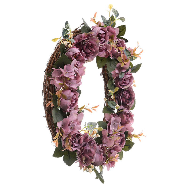 Handcrafted Faux Peony Polyester 34cm Wreath, Purple