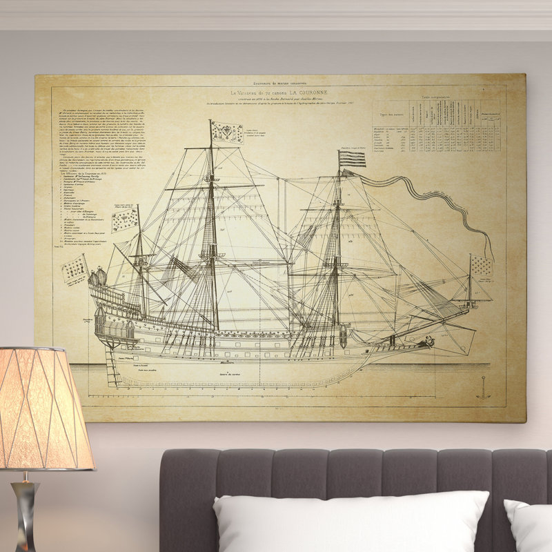 Vintage Beige Sailing Ship Sketch Canvas Wall Art