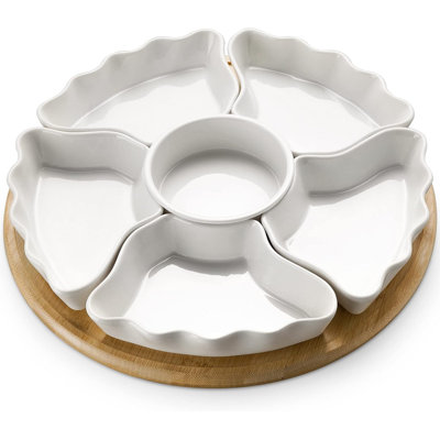 Plateau et plateaux de service rotatifs à 360 °, bols de service divisés de 12 pouces pour la fête, la décoration de cuisine, plats de service amovibles pour frites et trempette, fruits, légumes, bonbons et collations, 7 pièces, blanc
