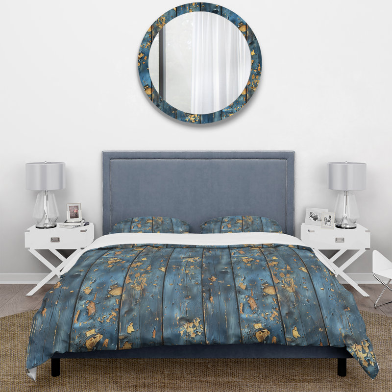 Ensemble de housse de couette Farmhouse, Housse de couette très grand + 2 taies décorativ, Blue/Gold Barn Wood II