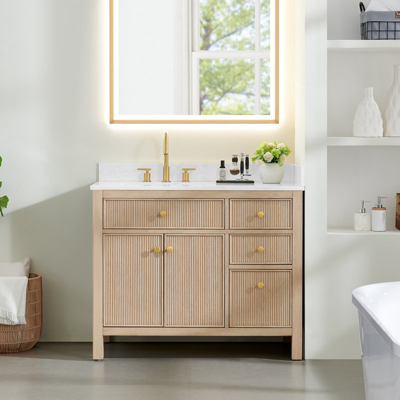 Meuble-lavabo simple Lala de 42 po avec comptoir en pierre reconstituée blanche grainée, sans miroir, Chêne naturel