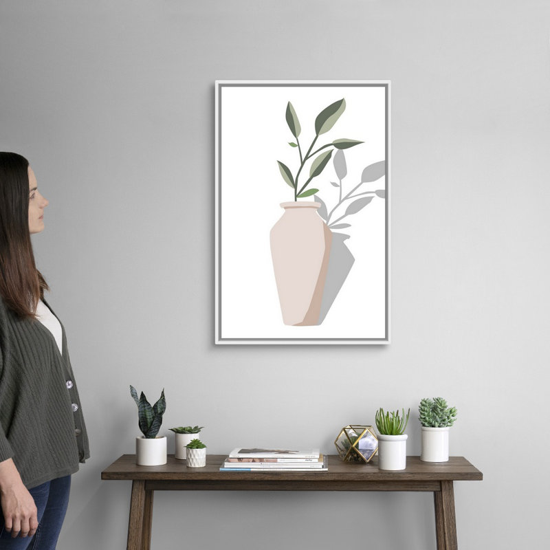Vase et tige IV, art mural, H 32 po x l 22 po, Toile avec cadre blanc
