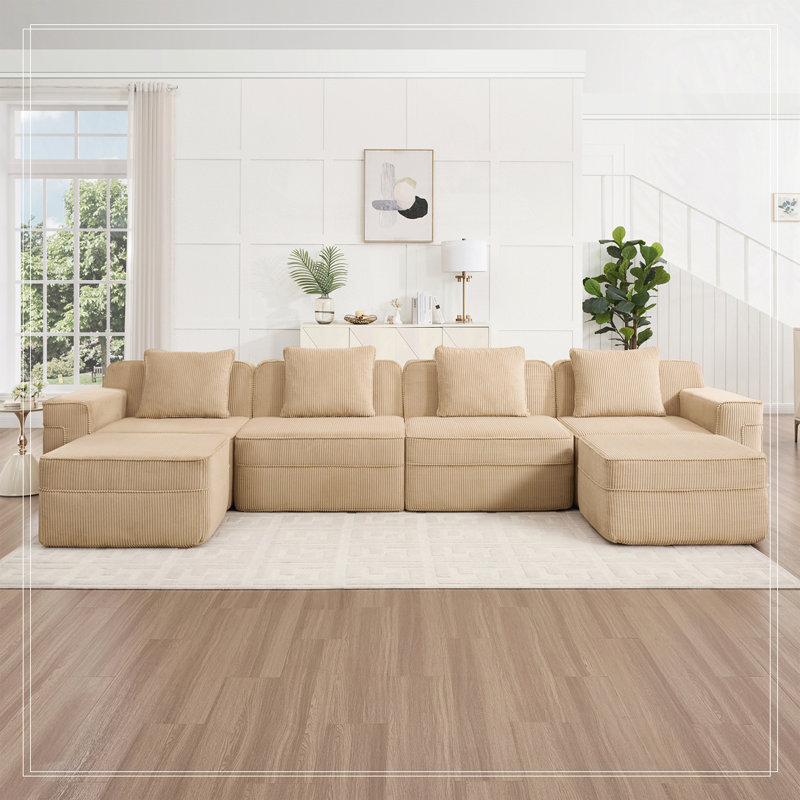Canapé modulaire 4 places en forme de U sans os, canapé modulaire Cloud avec assise profonde, canapé modulaire moderne 4 places avec coussins décoratifs et 2 repose-pieds mobiles