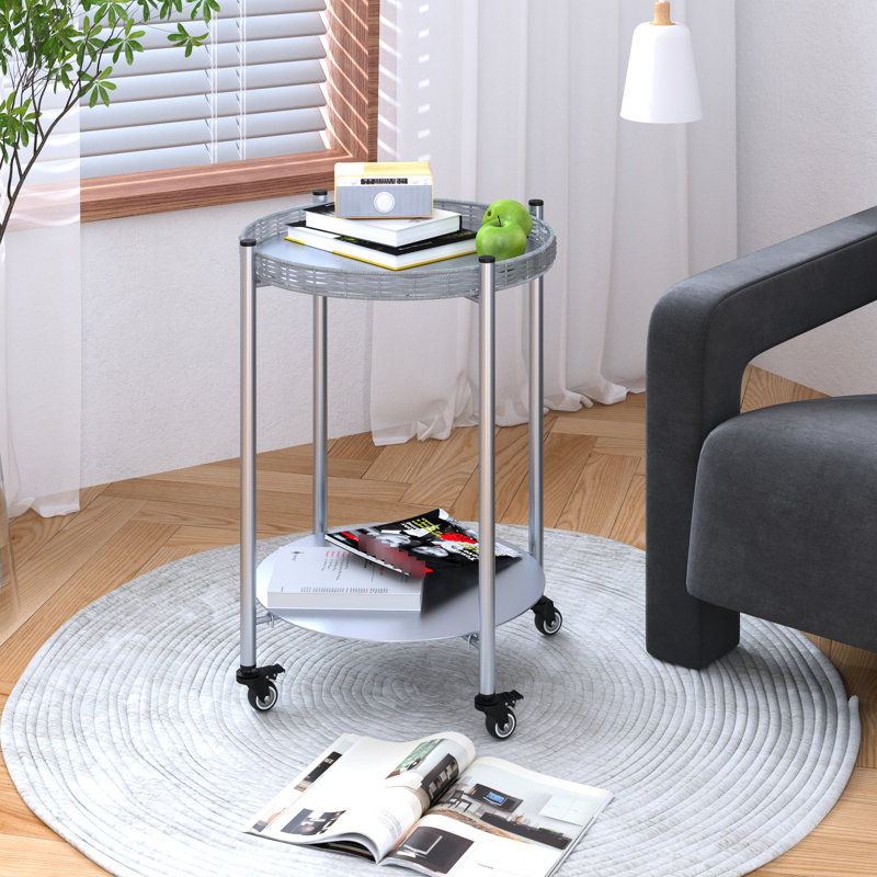 Table basse ronde à roulettes Tables d'appoint mobiles à 2 niveaux Table de chevet amovible en métal argenté pour tables de bout de salon de chambre à coucher à côté du canapé (gris argenté)