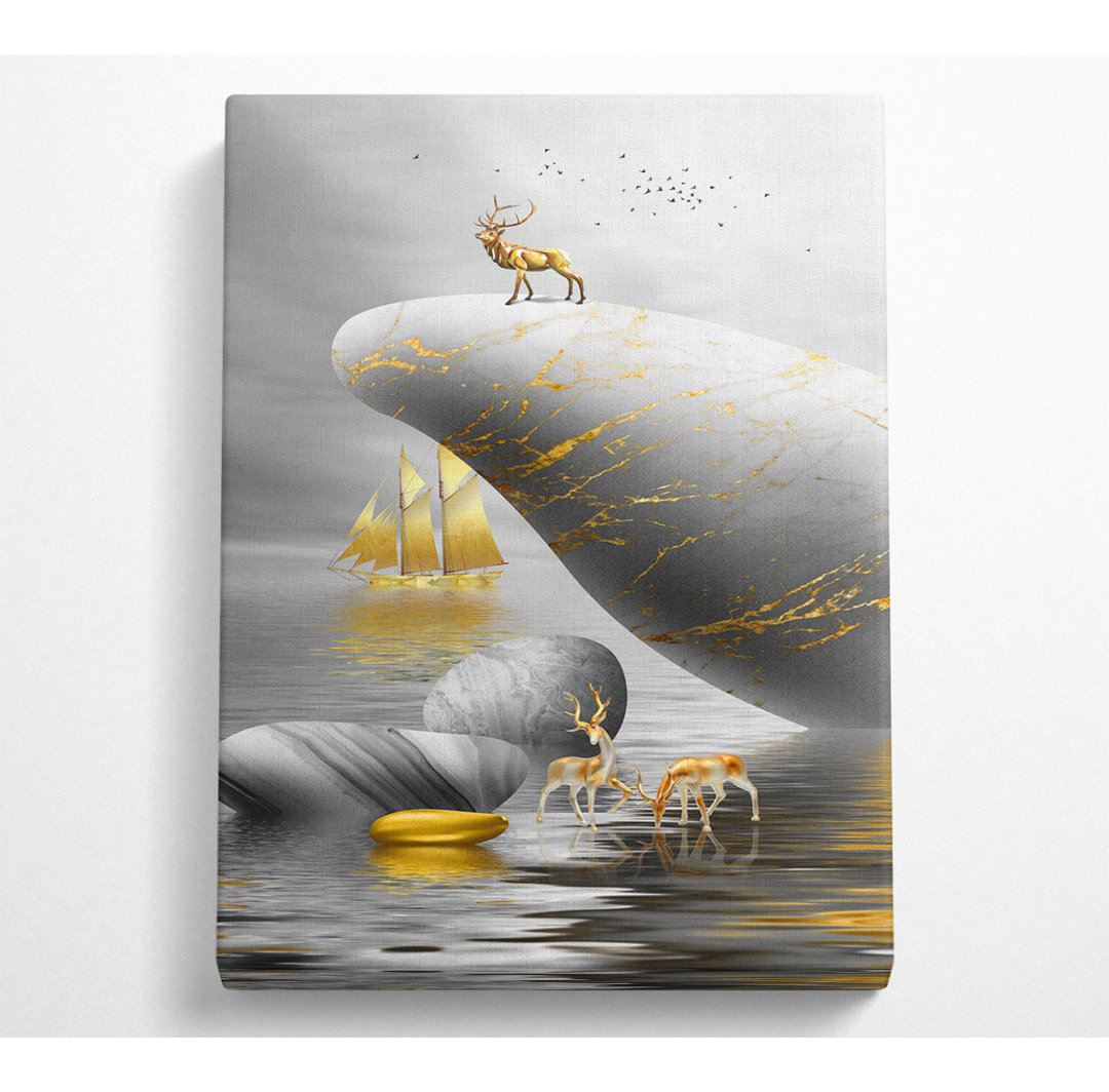 Gold Boat Deers On Roack - No Frame Kunstdrucke auf Leinwand