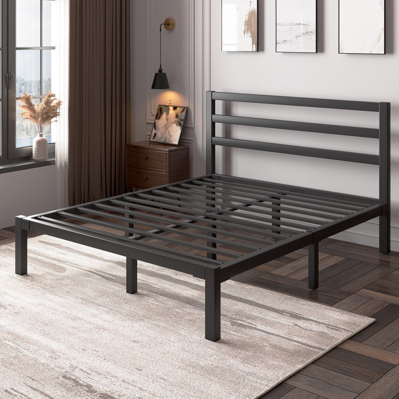 17 Stories Metal Platform Bed with Vintage Steel Headboard, Underbed Storage, No Box Spring Needed, Queen, Black