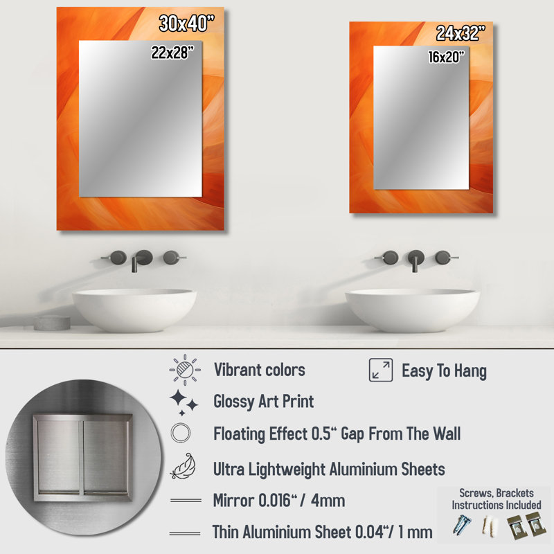 Tangerine Twist Spriral - miroir mural spirales abstraites, miroir décoratif pêche, impression d'art en métal, 40 po x 30 po