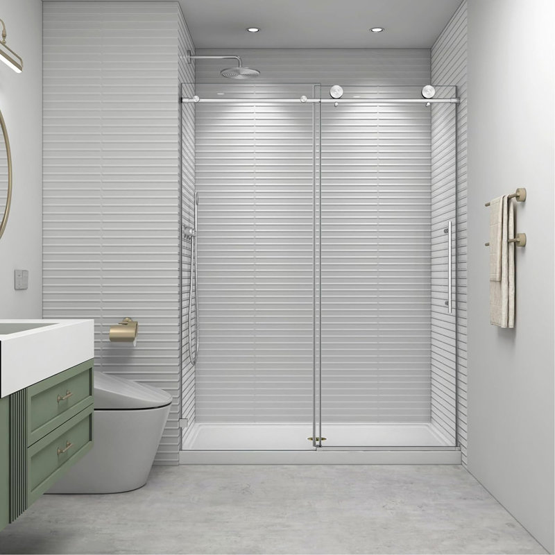 Portes de douche coulissantes sans cadre coulissantes l 60 po x H 73 po, verre trempé anti-déflagrant facile à nettoyer de 5/16 po (8 mm), chrome brossé