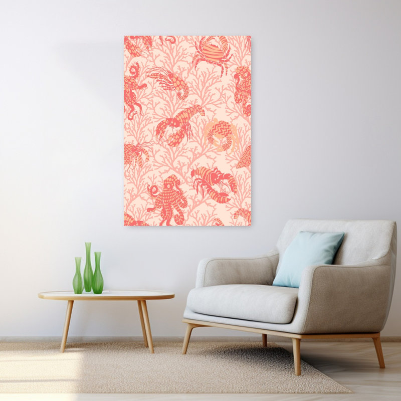 Rose, corail, vie marine, crabe, homard, pieuvre, océan côtier, art mural, H 48 po x l 32 po