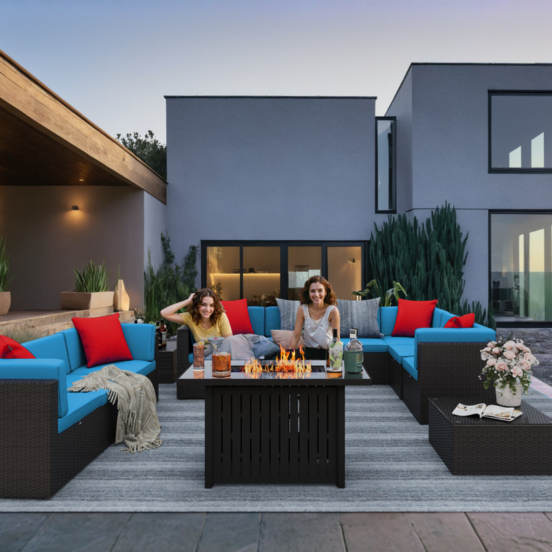 Brai Wicker 10 - Person Patio Conversation Set with Cushions, Blue