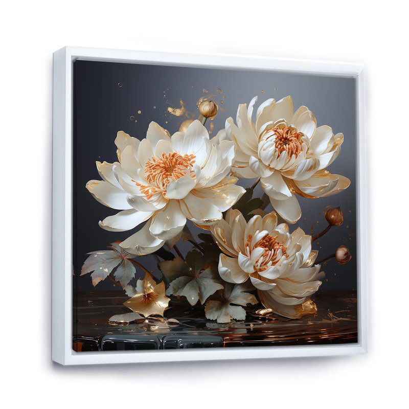 Gilded Tranquility Lotus I, reproduction d'art sur toile, Cadre flottant blanc, 24" H x 24" W