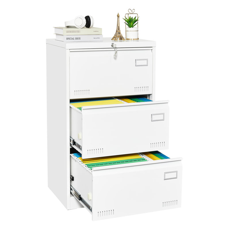 Classeur en métal blanc avec serrure, 3 tiroirs, tiroirs élargis pour un classeur de bureau amélioré et sécuritaire, White