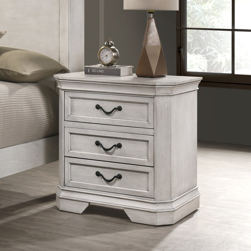 Table de chevet 3 tiroirs Ailany, Blanc antique