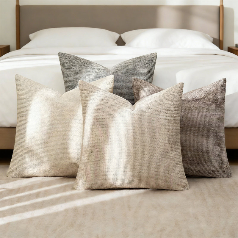 Set Of 4 18X18 Inch Beige Brown Chenille Throw Pillow Covers, Farmhouse Boho Accent For Sofa, Neutral Beige/Brown