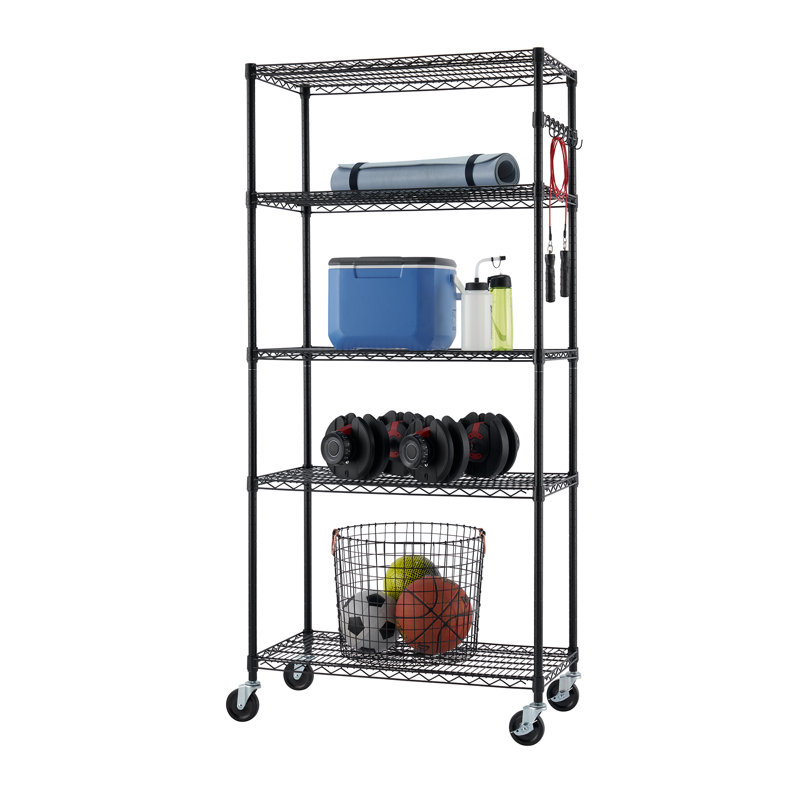 Black 5-Tier Steel Wire Shelving Unit with Wheels, 18"L x 36"W x 76"H