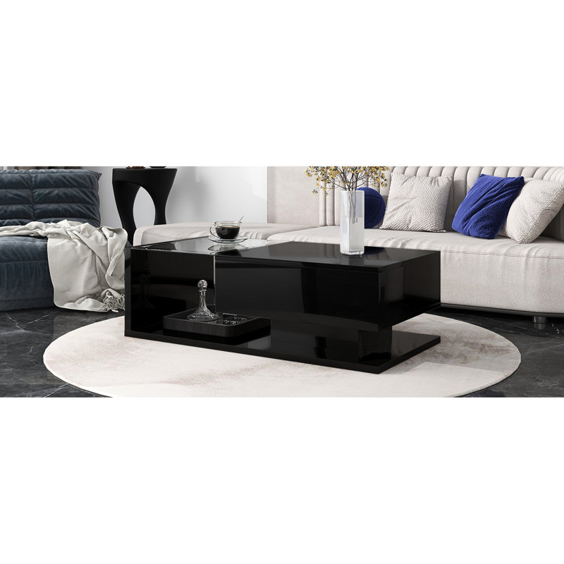 Table basse avec panneau de particules stable et verre trempé noir brillant