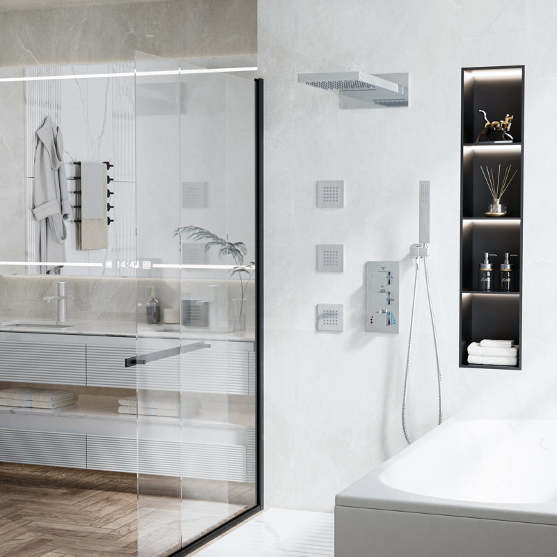 Luxury Thermostatic 4-Function Shower System with Rainfall, Waterfall, Handheld & Body Jets – cUPC Certified, Chrome