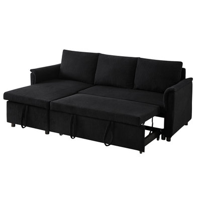 Canapé-lit en velours côtelé noir avec méridienne, canapé modulaire convertible en forme de L avec rangement, canapé-lit capitonné avec dossier inclinable