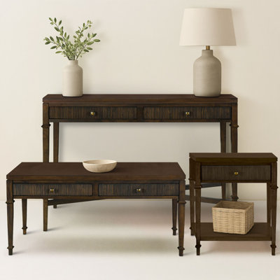 Ensemble de table 3 pièces en bois foncé avec tiroirs cannelés et rangement