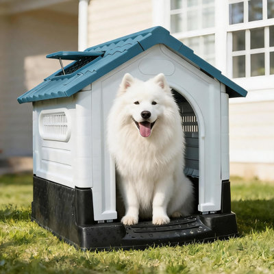 Weatherproof Plastic Dog House, Outdoor Doghouse - Air Vents & Elevated Floor - Sloped Roof, Easy Clean & Assemble for Medium/Large Dogs - Medium Blue
