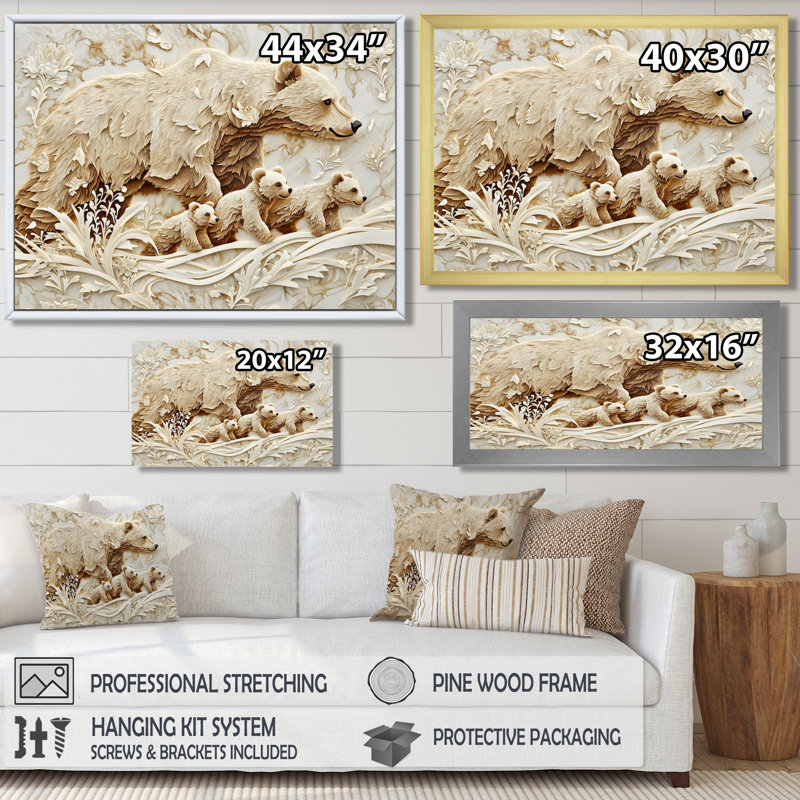 «Mother Bear and Cubs II - Bear», reproduction sur toile, Reproduction encadrée d'une seule photo sans pass, Noir