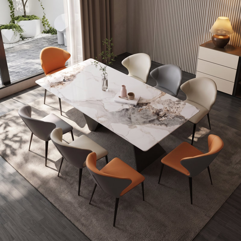 Table de salle à manger rectangulaire moderne de 200 cm (78,74 po) pour 6 à 8 personnes, avec un plateau extra-large de 100 cm (39,40 po) aspect marbre et un piètement géométrique sculptural.